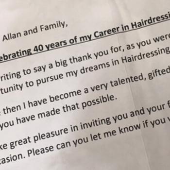 Janet's 40 years of hairdressing letter.