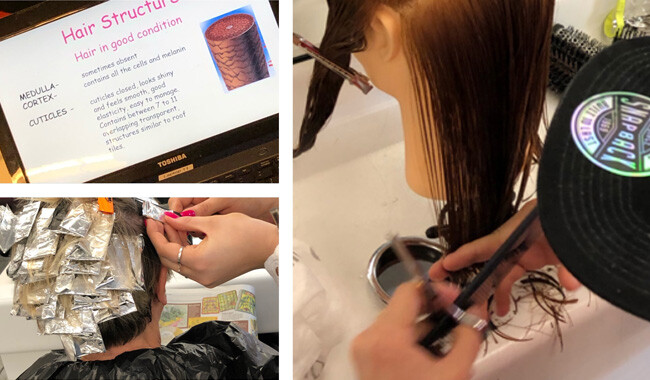 Collage of cutting hair, highlighting hair and a hairdresing learning online.