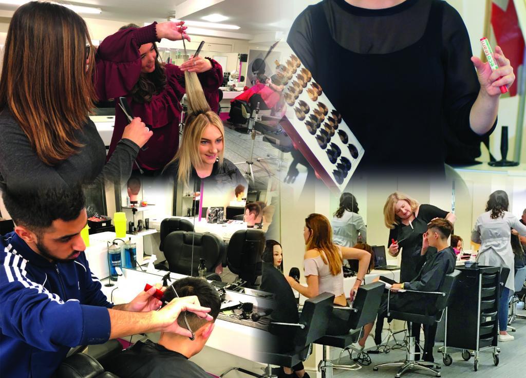 Collage of Alan d students learning practical and theoretical hairdressing.